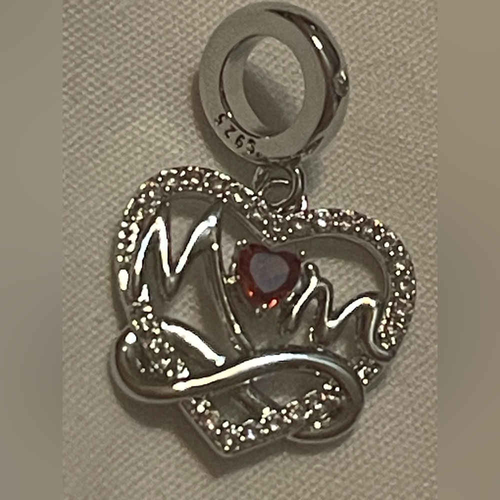 Pandora 925 Silver Heart Infinity “Mom” Charm Pendant with Red Gemstone - Picture 6 of 8